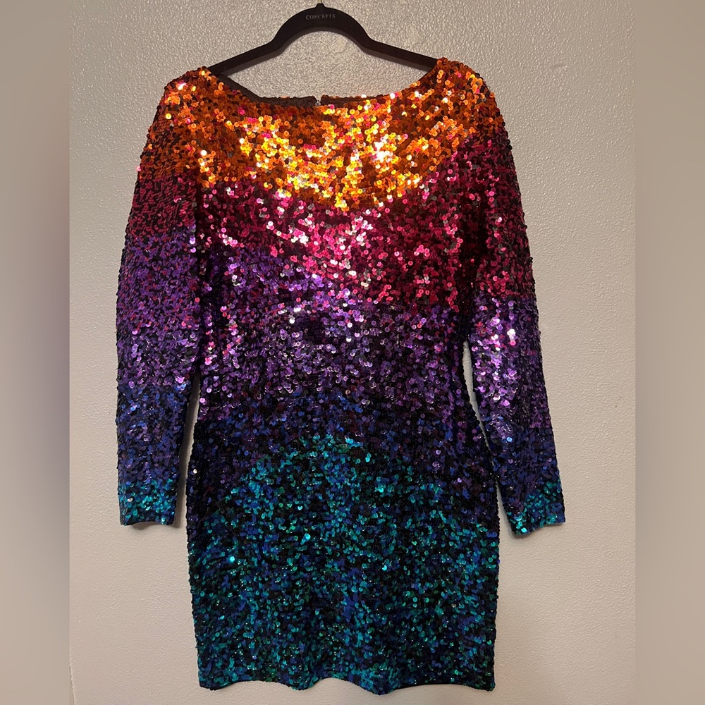 Oleg Cassini Vintage Vibrant Sequin Long Sleeve Dress - Picture 7 of 14